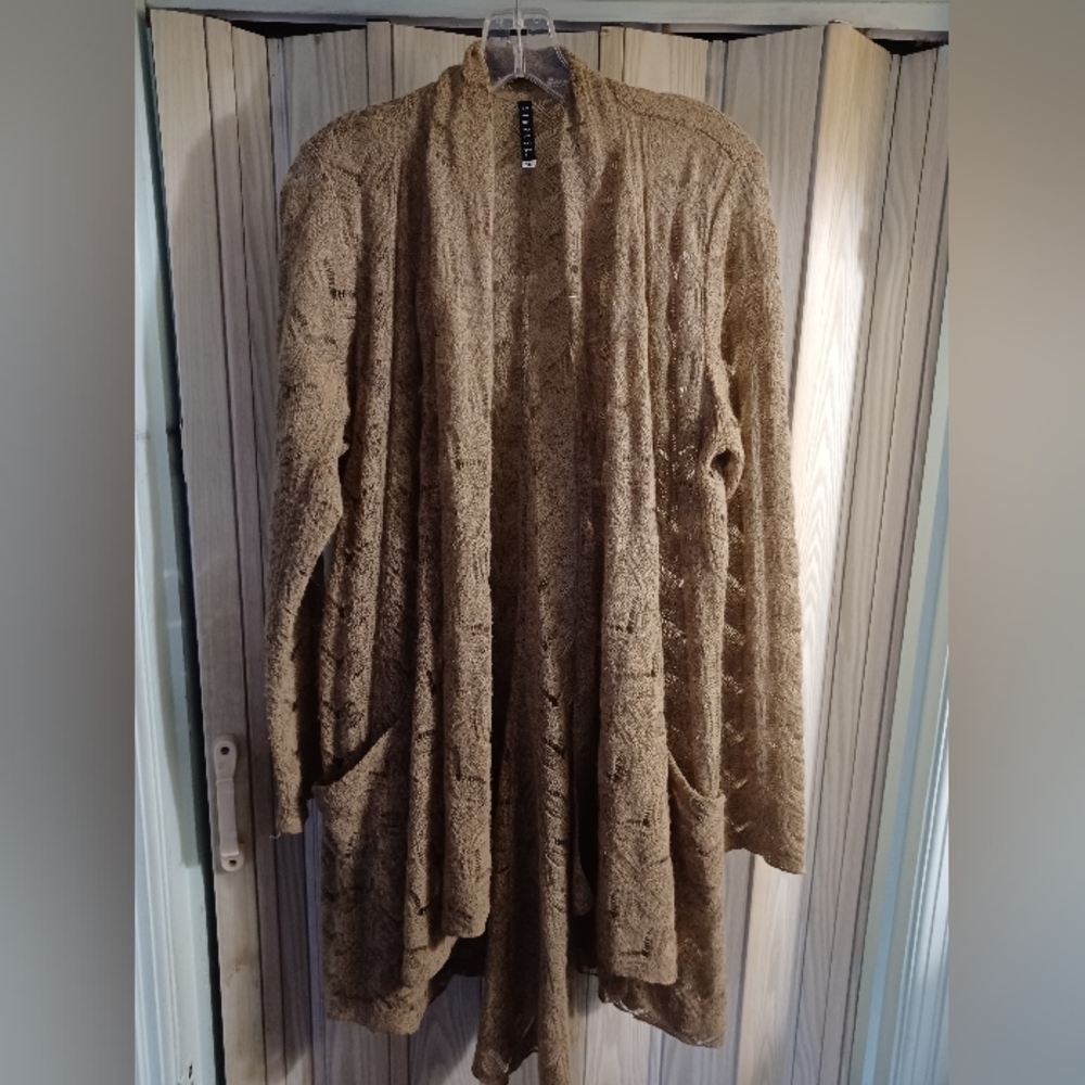 Staples womens XL open knit lightweight tan duster cardigan wrap